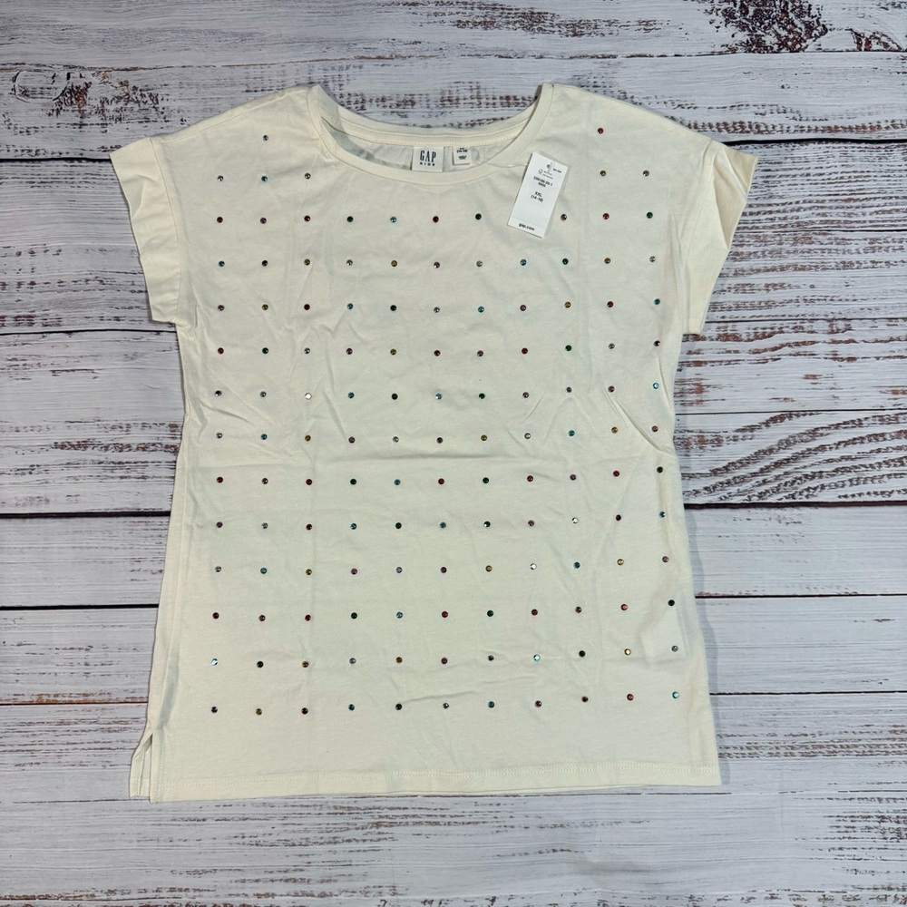 NWT GAP Girls Cream Multicolor Studded  Dots Short Sleeve Tee